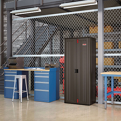 Suncast Commercial Tall Storage Cabinet, Five Shelves: One Fixed, Four Adjustable, 30" x 20.25" x 72", Gray (SUABMCCPD7204)