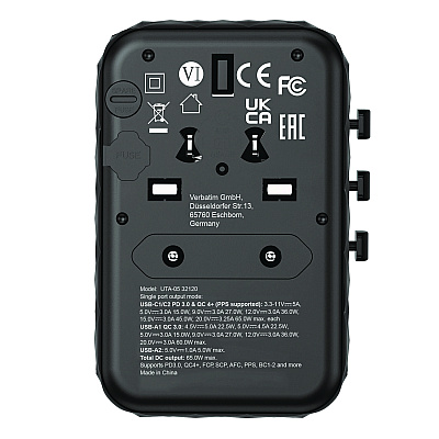 Verbatim UTA-05 Gan III Universal Travel Adapter, (2) USB-A/(2) USB-C/Quick Charge 4+ (VER32120)