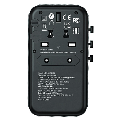Verbatim UTA-06 Gan III Universal Travel Adapter, (2) USB-A/(2) USB-C/Quick Charge 4+ (VER32121)