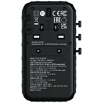 Verbatim UTA-10 GaN III Universal Travel Adapter, (3) USB-A/(3) USB-C (VER32125)