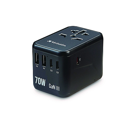 Verbatim UTA-09 Gan III Universal Travel Adapter, (2) USB-A/(2) USB-C/USB-C with Power Delivery 3.0 (VER32124)