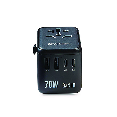 Verbatim UTA-09 Gan III Universal Travel Adapter, (2) USB-A/(2) USB-C/USB-C with Power Delivery 3.0 (VER32124)