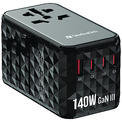 Verbatim UTA-10 GaN III Universal Travel Adapter, (3) USB-A/(3) USB-C (VER32125)