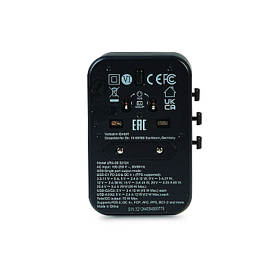 Verbatim UTA-09 Gan III Universal Travel Adapter, (2) USB-A/(2) USB-C/USB-C with Power Delivery 3.0 (VER32124)