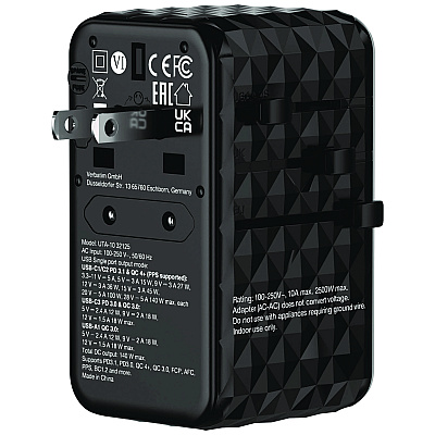 Verbatim UTA-10 GaN III Universal Travel Adapter, (3) USB-A/(3) USB-C (VER32125)