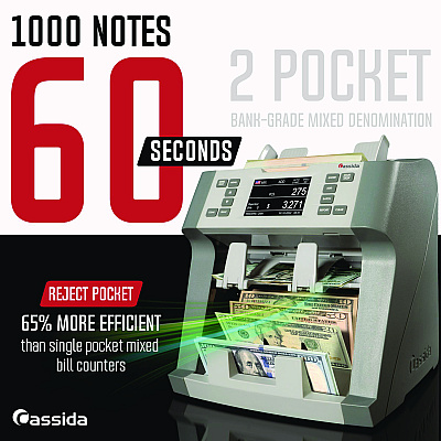 Cassida 9900R Two-Pocket Mixed Bill Counter, 3-Speeds: 800 Bills/Min, 1,000 Bills/Min, 1,200 Bills/Min, 9.5 x 11 x 10.4, Gray