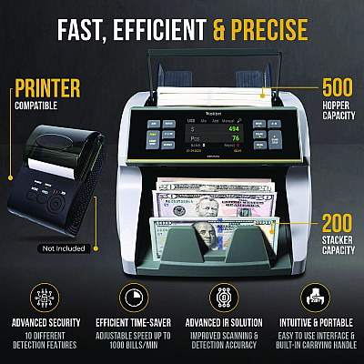 Kolibri KBR1500V2 Mixed Denomination Cash Counter, 1,200 Bills/min, 9.5 x 11 x 10.4, Gray