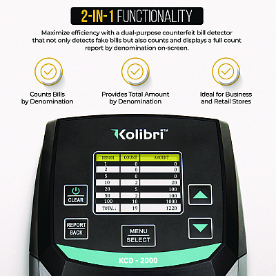 Kolibri KCD-2000 Counterfeit Detector, IR Detector; Magnetic Strip Detection; UV Light, U.S. Currency, 5 x 6 x 5, Black/Gray