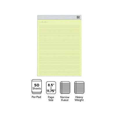 TRU RED Notepads, Narrow Rule, 50 Canary Yellow 8.5 x 11.75 Sheets, 6/Pack (TUDTR59921)