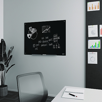 TRU RED Tempered Glass Dry Erase Board, 48" x 36", Black Surface (TR61200)