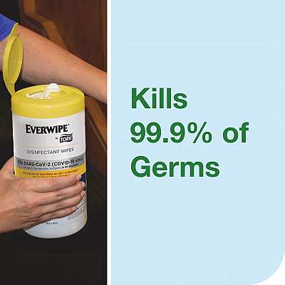 Everwipe by Tork Disinfectant Wipe Canisters, 1-Ply, 7 x 7, Lemon, White, 75 Sheets/Canister, 6/Carton (192820)