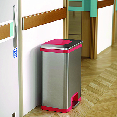 HLS Commercial Step Pedal-Sensor Trash Can, 13 gal, Plastic/Stainless Steel, Silver/Red (HLMHLS13SR)
