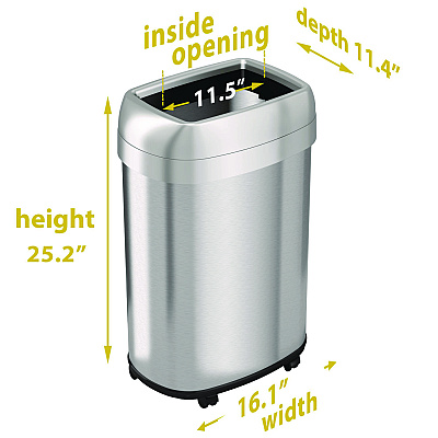 HLS Commercial Open Top Trash Can with Wheels, Oval, 13 gal, Plastic/Stainless Steel, Silver (HLMHLS13STVM)