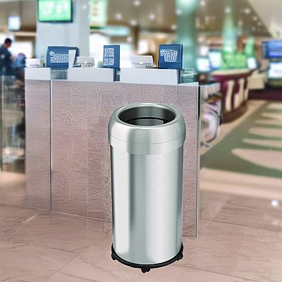 HLS Commercial Open Top Trash Can with Wheels, Round, 16 gal, Plastic/Stainless Steel, Silver (HLMHLS16STRM)
