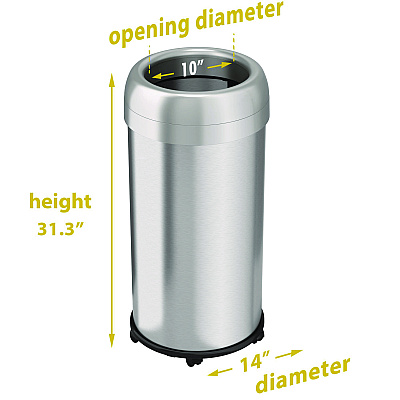 HLS Commercial Open Top Trash Can with Wheels, Round, 16 gal, Plastic/Stainless Steel, Silver (HLMHLS16STRM)