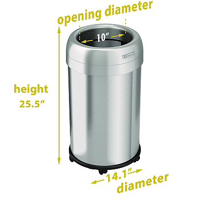 HLS Commercial Open Top Trash Can with Wheels, Round, 13 gal, Plastic/Stainless Steel, Silver (HLMHLS13STRM)