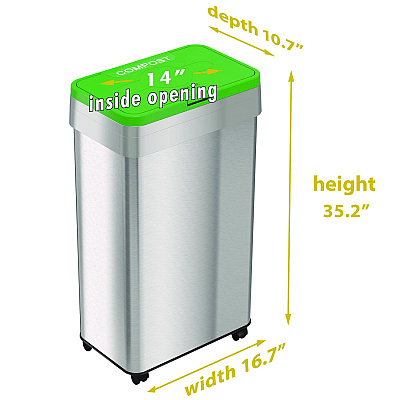 HLS Commercial Open Top Compost Bin with Wheels and Color-Coded Lid, 21 gal, Plastic/Stainless Steel, Silver/Green (HLMHLS21UOTMCOP)
