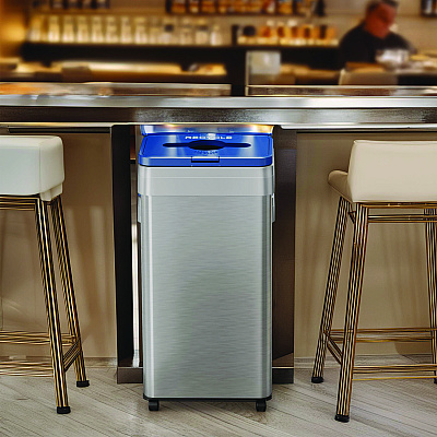 HLS Commercial Open Top Recycling Bin with Wheels and Color-Coded Lid, 21 gal, Plastic/Stainless Steel, Silver/Blue (HLMHLS21UOTMREC)