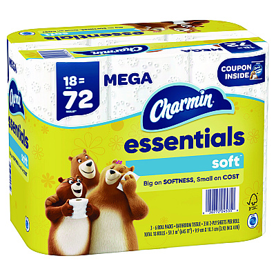Charmin Essentials Soft Bathroom Tissue, Septic Safe, 2-Ply, 330 Sheets/Roll, 18 Rolls/Carton (PGC04535)