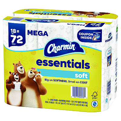Charmin Essentials Soft Bathroom Tissue, Septic Safe, 2-Ply, 330 Sheets/Roll, 18 Rolls/Carton (PGC04535)