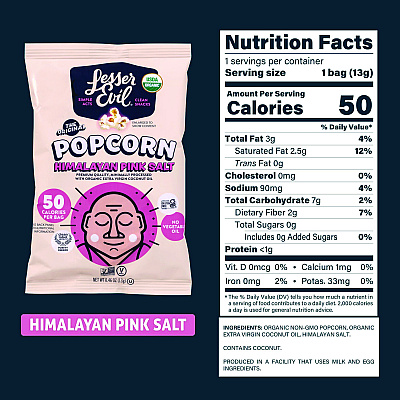 LesserEvil Himalayan Pink Salt Organic Popcorn, Salt, 0.46 oz Bag, 24/Carton (GRR22001053)