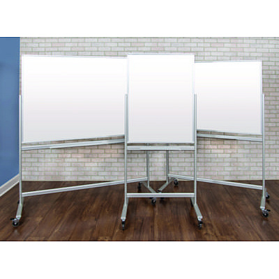 Luxor Mobile Magnetic Glass Dry Erase Board, 60" x 40", White Surface, Silver Aluminum Frame (LXOMMGB6040)