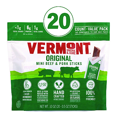 Vermont Smoke and Cure Original Flavor Mini Snack Sticks, Beef, 0.5 oz Individually Wrapped, 20/Carton (GRR22002353)