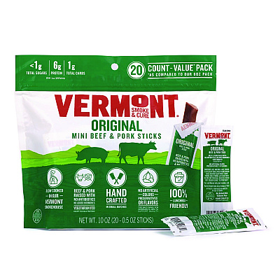 Vermont Smoke and Cure Original Flavor Mini Snack Sticks, Beef, 0.5 oz Individually Wrapped, 20/Carton (GRR22002353)