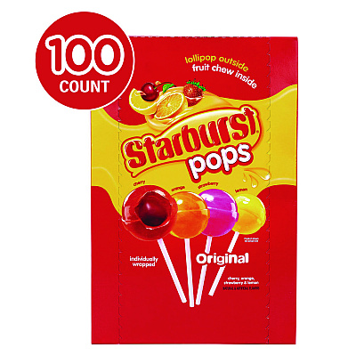 Starburst Pops Fruit Chew Filled Lollipops Variety Pack, Assorted Flavors, 0.6 oz Individually Wrapped Lollipops, 100/Carton (GRR22002358)
