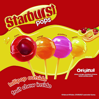 Starburst Pops Fruit Chew Filled Lollipops Variety Pack, Assorted Flavors, 0.6 oz Individually Wrapped Lollipops, 100/Carton (GRR22002358)