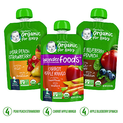 Gerber Organic 2nd Foods Baby Food Pouches, Assorted Flavors, 3.5 oz Pouch, 12/Carton (GRR22002367)