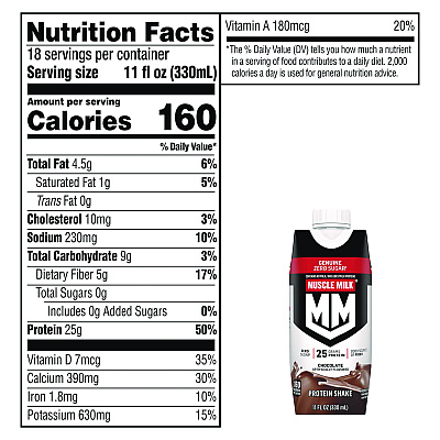 Muscle Milk Genuine Chocolate Protein Shake, 11 oz Carton, 18/Carton (GRR22002378)