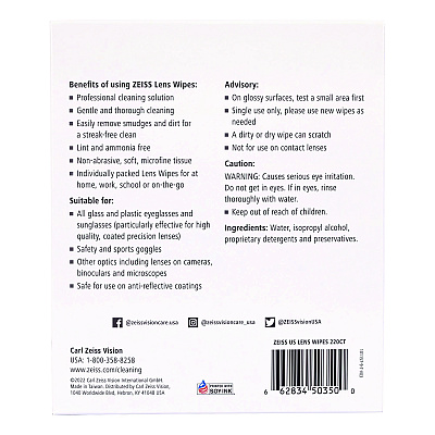 Zeiss Lens Wipes, 6 x 5, 220/Carton (GRR22002393)