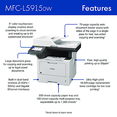 Brother MFC-L5915DW Business Monochrome AIO Laser Printer, Copy/Fax/Print/Scan