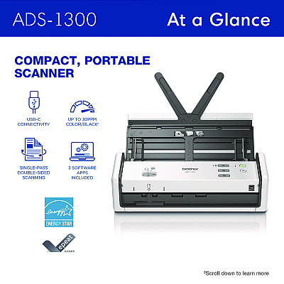 Brother ADS-1300 Compact Desktop Scanner, 600 dpi x 600 dpi Optical Resolution, 20-Sheet Duplex Auto Document Feeder