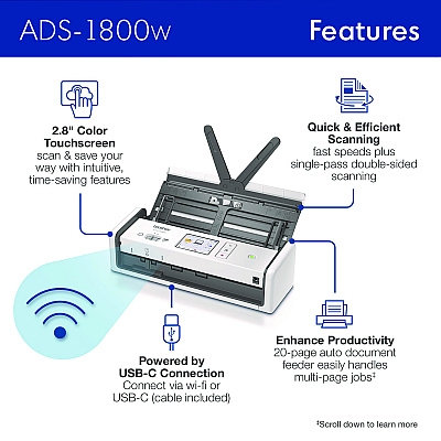 Brother ADS-1800W Compact Desktop Scanner, 600 dpi x 600 dpi Optical Resolution, 20-Sheet Duplex Auto Document Feeder