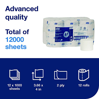 Tork Advanced Coreless High Capacity Bath Tissue, 2-Ply, White, 1,000 Sheets/Roll, 12 Rolls/Carton (472881)