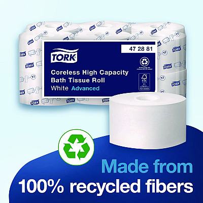 Tork Advanced Coreless High Capacity Bath Tissue, 2-Ply, White, 1,000 Sheets/Roll, 12 Rolls/Carton (472881)