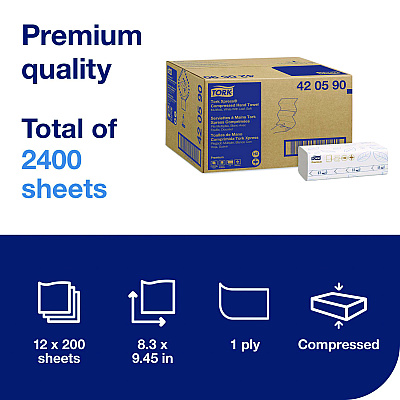 Tork Xpress Compressed Multifold Hand Towels, 1-Ply, 8.3 x 9.45, White, 200/Pack, 12 Packs/Carton (420590)
