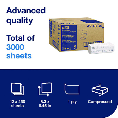 Tork Xpress Compressed Multifold Hand Towels, 1-Ply, 8.3 x 9.25, White, 250/Pack, 12 Packs/Carton (424834)