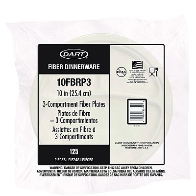 Dart Compostable Fiber Dinnerware, ProPlanet Seal, 3-Compartment Plate, 10.2" dia, Natural, 500/Carton (DCC10FBRP3)