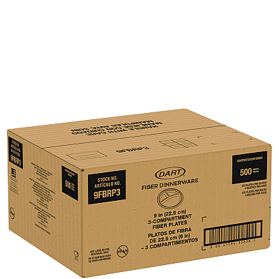 Dart Compostable Fiber Dinnerware, ProPlanet Seal, Plate, 3-Compartment Plate, 9" dia, Natural, 500/Carton (DCC9FBRP3)