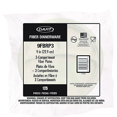 Dart Compostable Fiber Dinnerware, ProPlanet Seal, Plate, 3-Compartment Plate, 9" dia, Natural, 500/Carton (DCC9FBRP3)