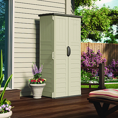 Suncast Commercial Vertical Storage Shed, 22 cu ft, 2 ft 8.25" x 2 ft 1.5" x 6 ft, Vanilla/Stoney (SUABMS1250)