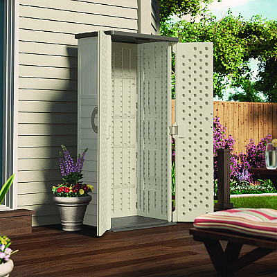 Suncast Commercial Vertical Storage Shed, 22 cu ft, 2 ft 8.25" x 2 ft 1.5" x 6 ft, Vanilla/Stoney (SUABMS1250)
