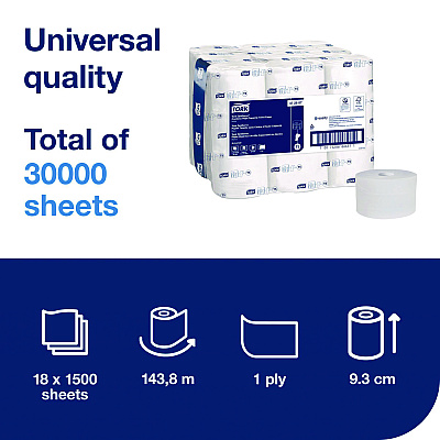 Tork OptiServe High-Capacity Coreless Toilet Paper, 2-Ply, White, 1,500 Sheets/Roll, 18 Rolls/Carton (472887)