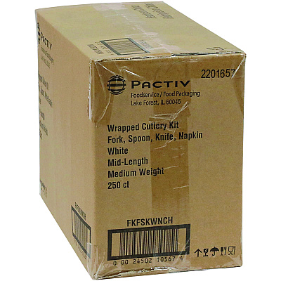 Pactiv Evergreen Fieldware Cutlery, Individually Wrapped, Fork, Knife, Teaspoon, Napkin, White, 250/Carton (PCTFKFSKWNCH)