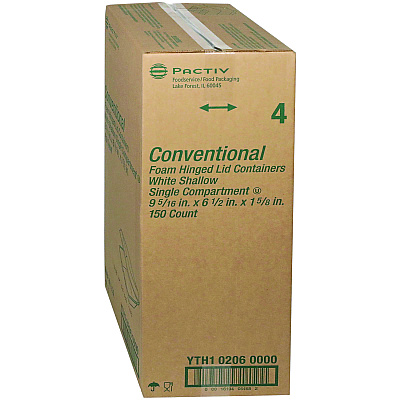 Pactiv Evergreen Conventional Foam Hinged Lid Container, Shallow, 9 x 6.5 x 1.6, White, 150/Carton (PCTYTH102060000)