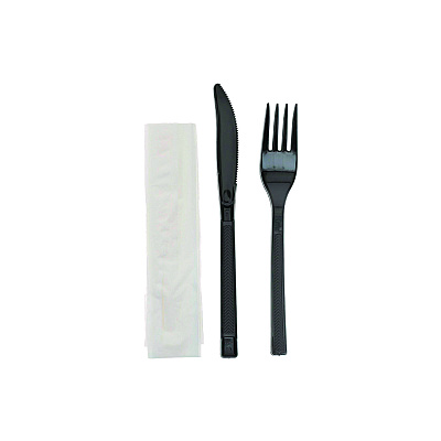 Pactiv Evergreen Gardenware Cutlery, Individually Wrapped, Fork, Knife, Napkin, Black, 500/Carton (PCTGKFKNECH)