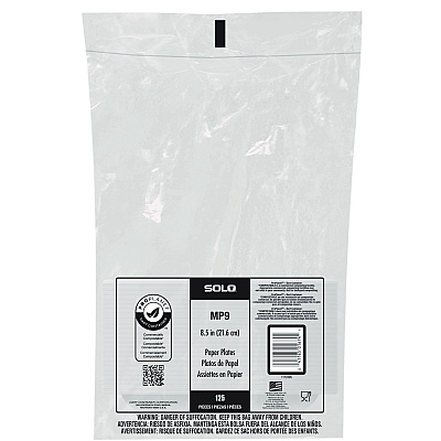 Solo Compostable Paper Dinnerware, ProPlanet Seal, Plate, 8.5" dia, White, 125/Pack (SCCMP9PLANETPK)